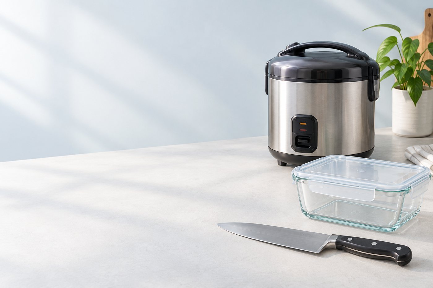 Kitchen appliances on a countertop in soft light